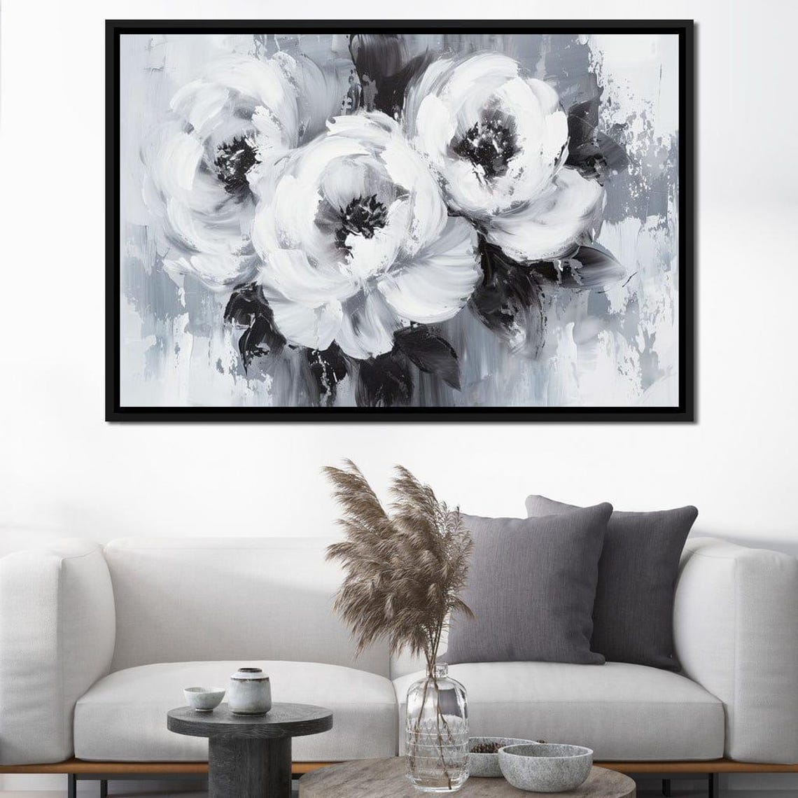 Monochrome White Flowers Abstract Black And White Botanical Art Print