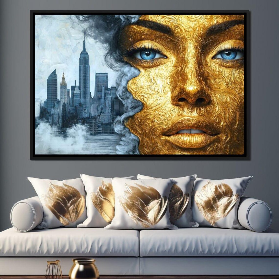 Golden Woman Face Blue Eyes Smoky New York City Skyline Wall Art - Image 2