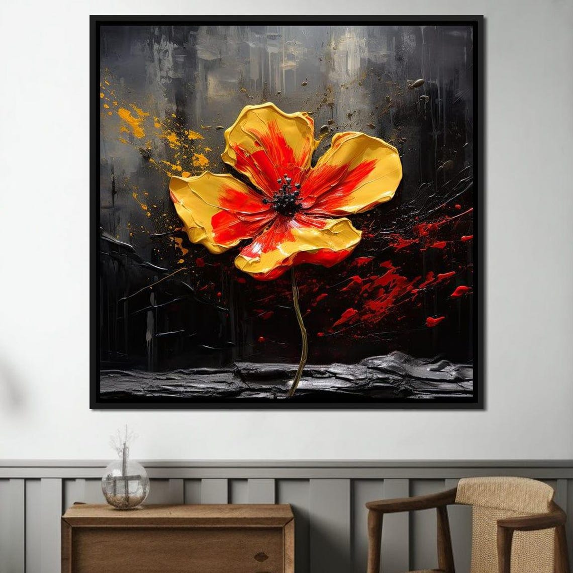 Amber Noir Blossom Burst Golden Flower Dark Splatter Art Poster - Image 4