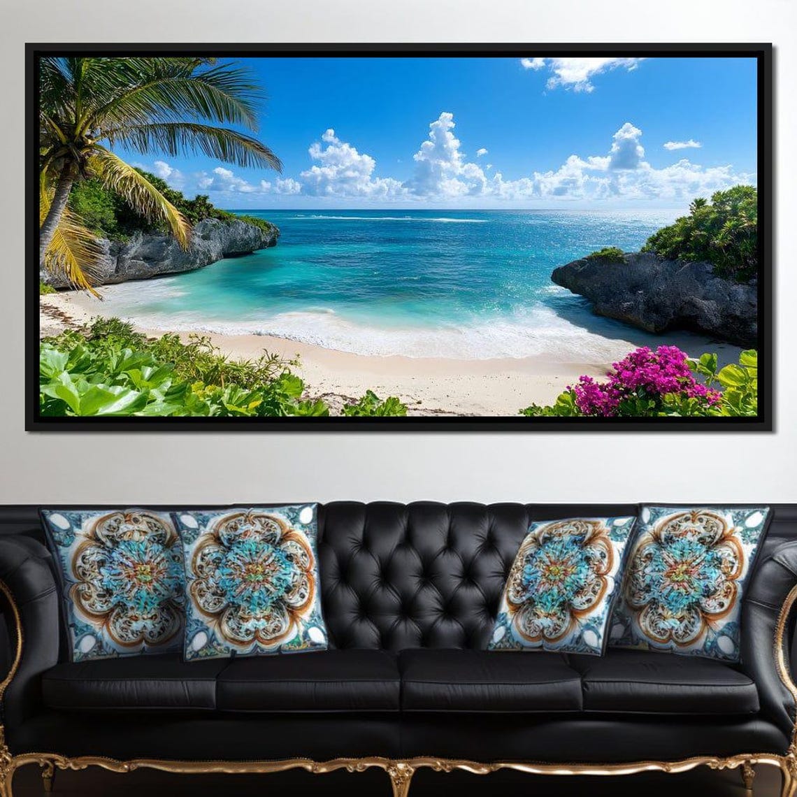 Tropical Beach Cove With Tall Palms And Turquoise Water Poster