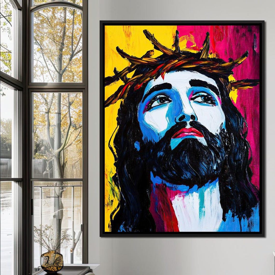 Pop Art Jesus Crown of Thorns Vibrant Religious Portrait Wall Art - Image 3