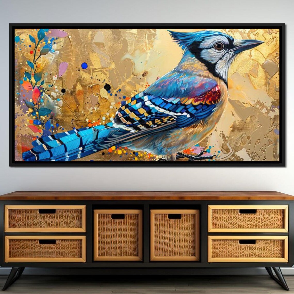 Vibrant Blue Jay Bird Colorful Floral Golden Art Animal Wall Poster - Image 3