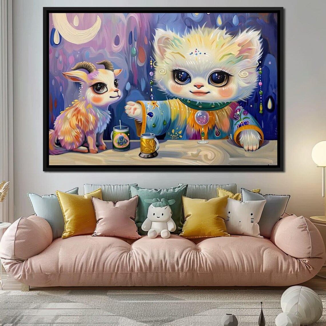 Cute Kitten And Baby Goat Tea Party Starry Night Whimsical Kids Room Wall Poster - Image 3