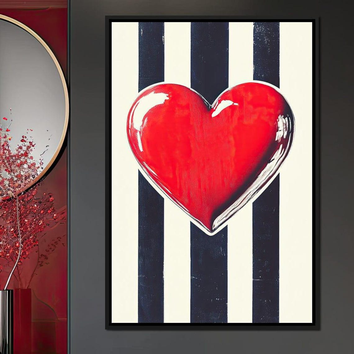 Glossy Red Heart On Black And White Stripes Modern Love Poster