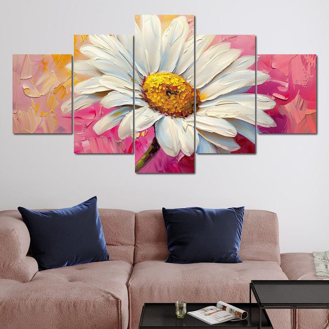 White Daisy Close Up Hot Pink Five Panel Floral Wall Art Poster