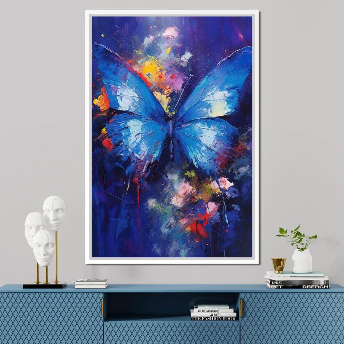 Blue Butterfly Painting Vivid Abstract Floral Nature Wall Art - Image 4