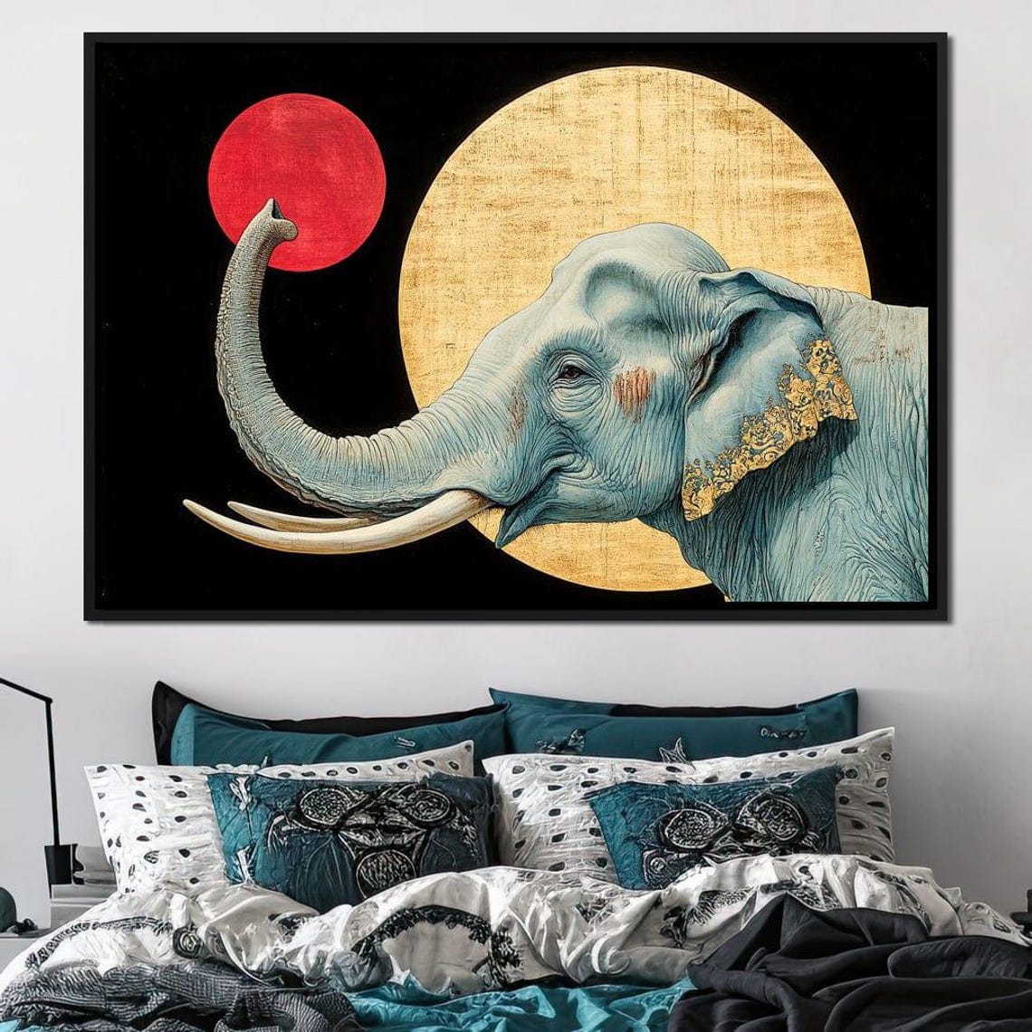 Teal Elephant Raised Trunk Gold Circle Black Modern Wildlife Poster - Image 3