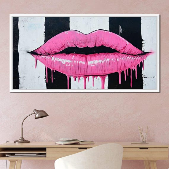 Vibrant Dripping Lips On Stripes Pop Art Decor Bold Pink Home Decor Contemporary Artistic Wall Art By Nichecanvas