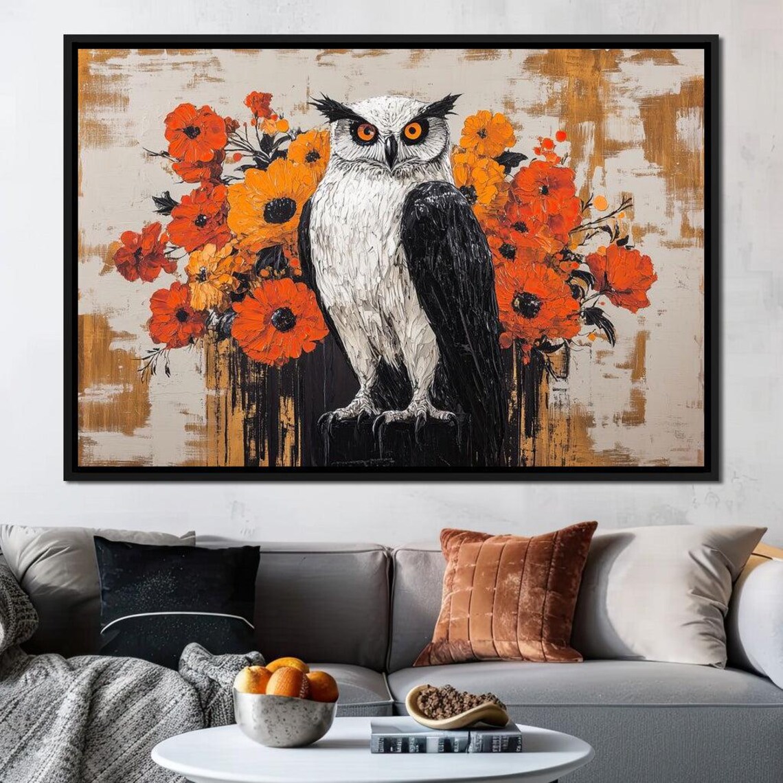 White Owl Amidst Fiery Orange Poppies Wildflower Wildlife Art Print