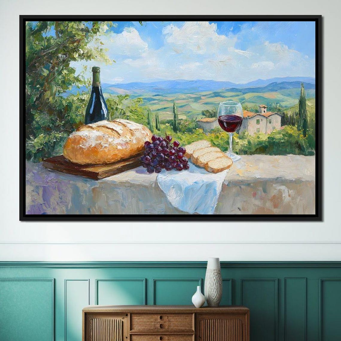 Tuscan Vineyard Terrace Still Life with Wine and Bread Poster