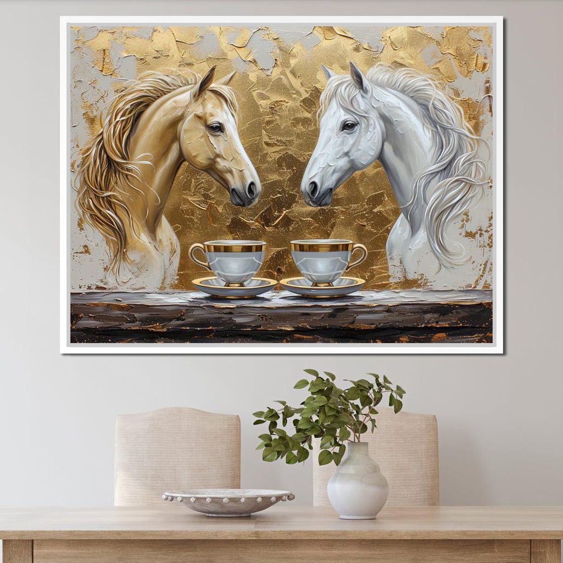 Two Horses Gold Teacups Golden Leaf Elegant Equestrian Art Poster