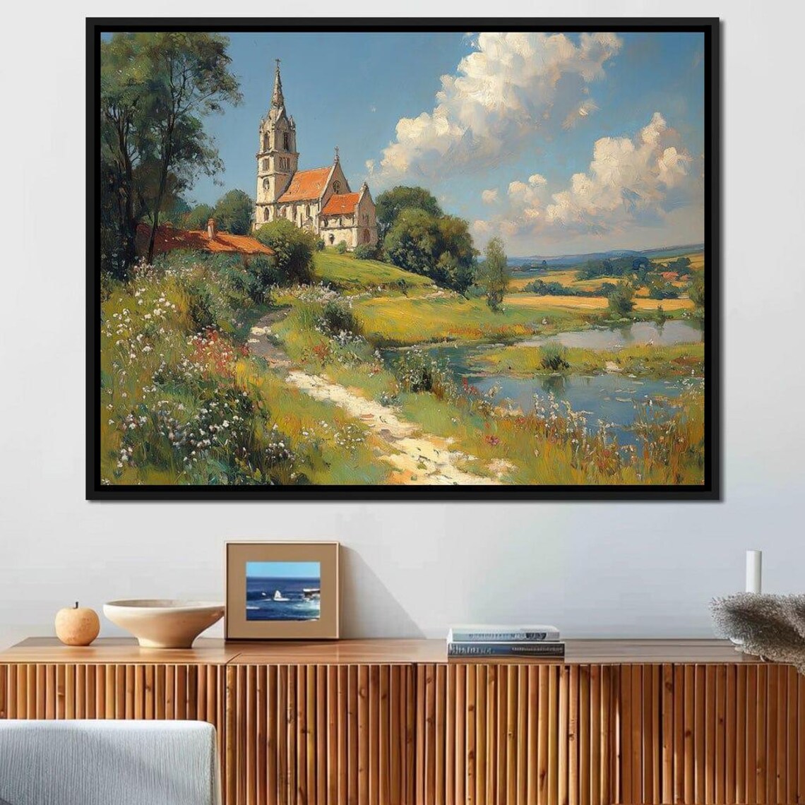 Countryside Stone Church In Summer Meadow Pond Pastoral Art Poster - Image 4