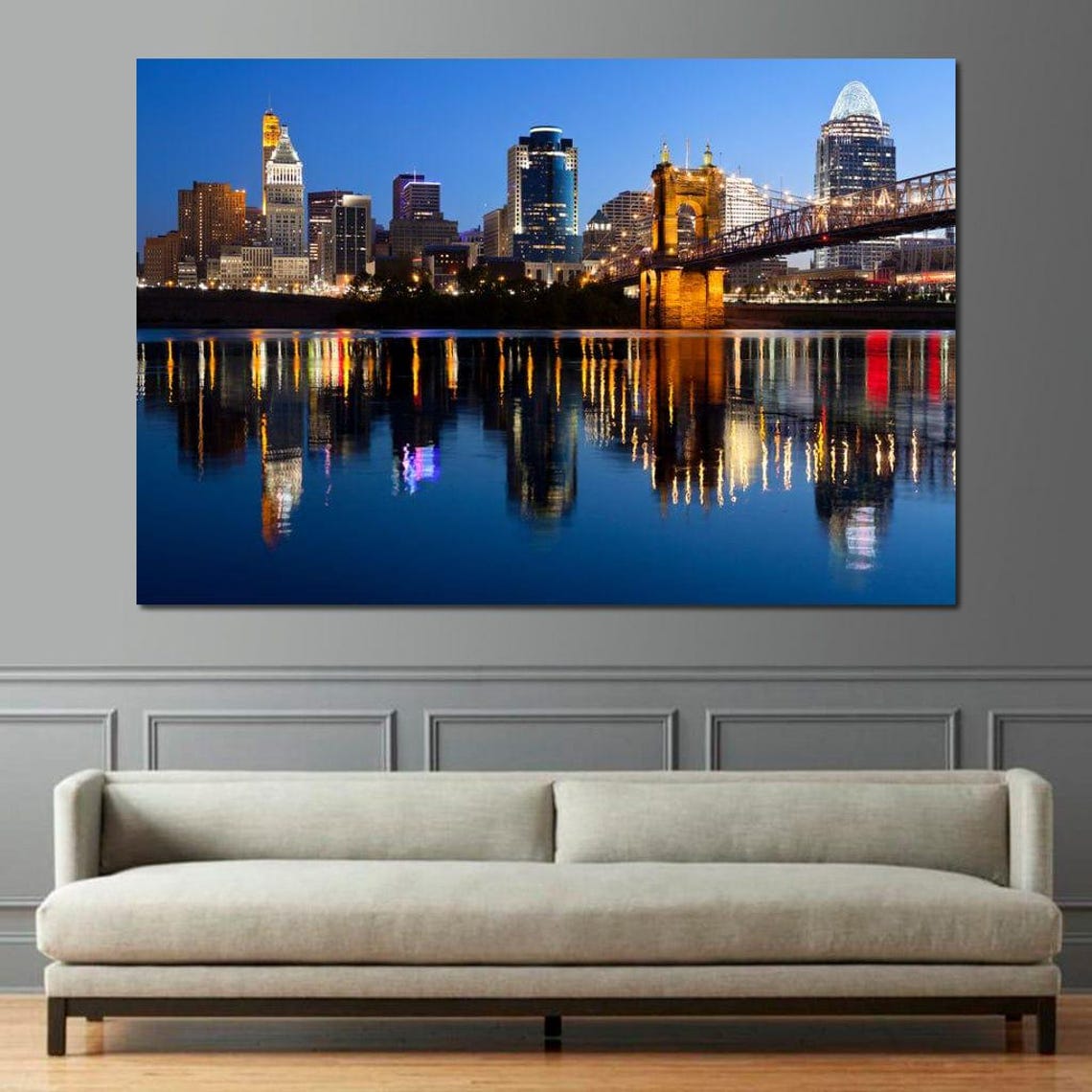 Cincinnati Skyline Night Bridge Reflection River Lights Travel Poster - Image 3