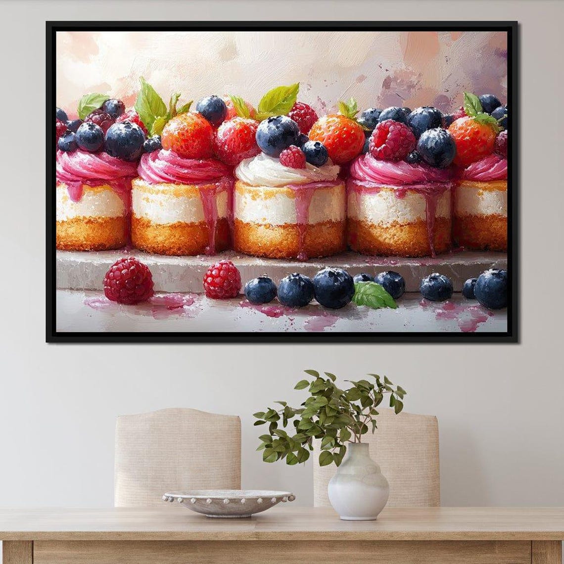 Berry Topped Mini Cakes Pink Frosting Dessert Bakery Kitchen Wall Art - Image 3