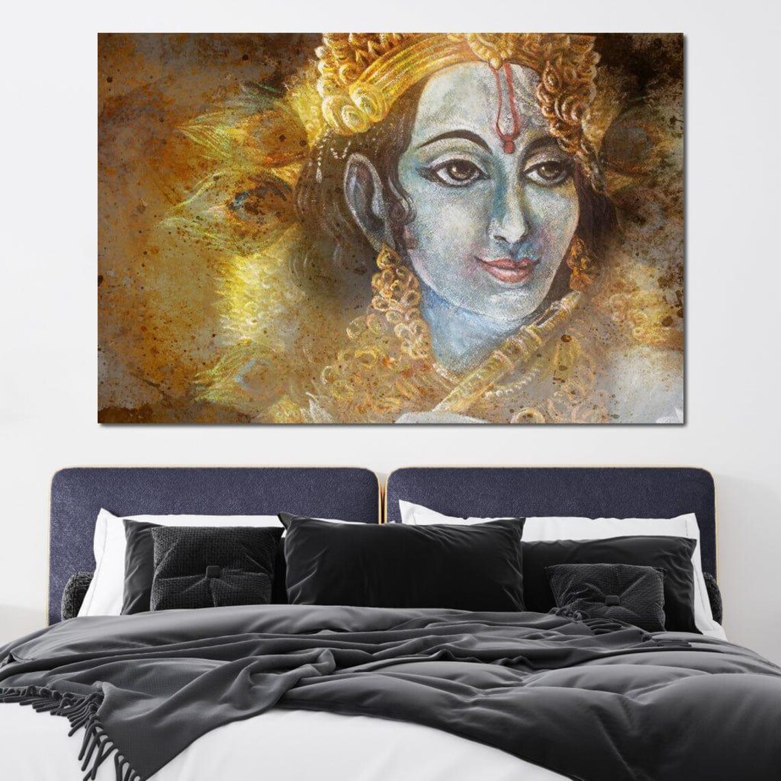 Lord Krishna Divine Portrait Golden Indian Spiritual Deity Wall Poster - Image 4