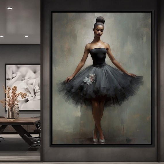 Elegant Ballerina Black Tutu Dance Oil Portrait Ballet Art Poster