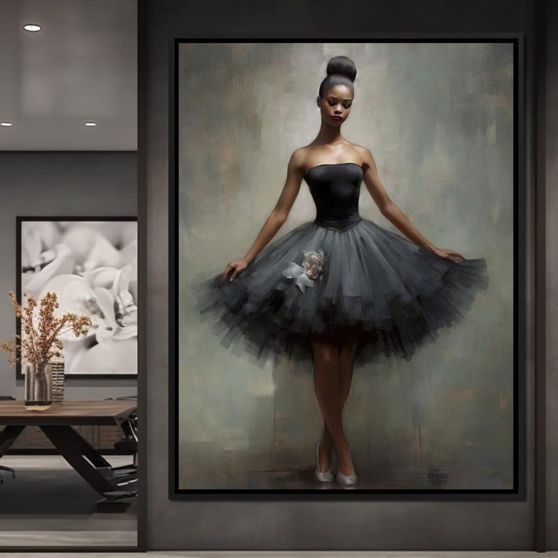 Elegant Ballerina Black Tutu Dance Oil Portrait Ballet Art Poster