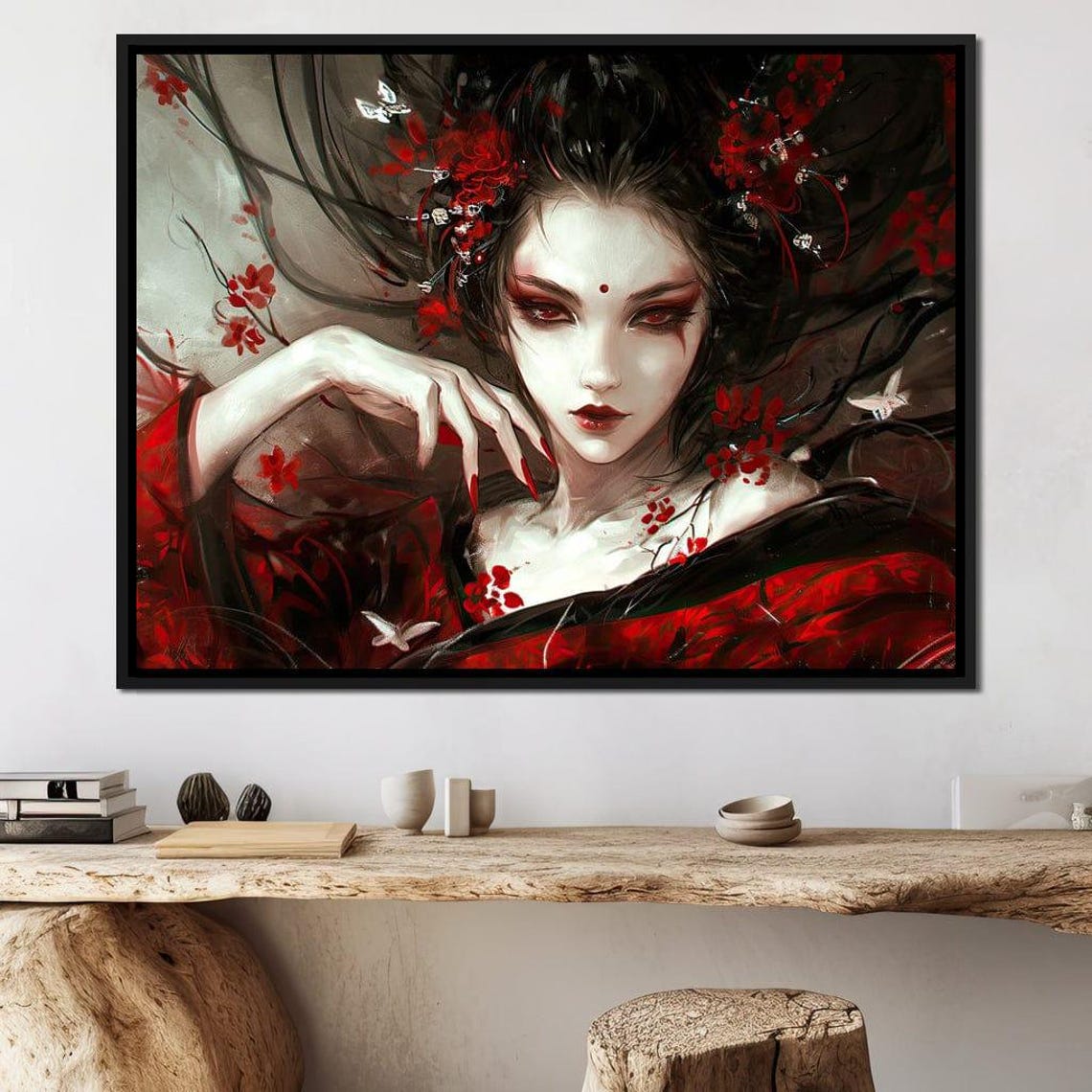 Mystical Geisha Red Kimono Blossom Hair Japanese Elegance Wall Art - Image 2