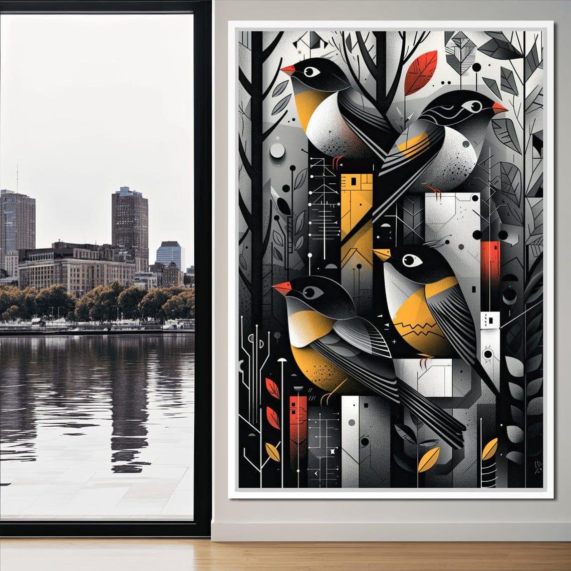 Geometric Autumn Songbirds Black Gold Red Modern Bird Art Wall Poster - Image 2