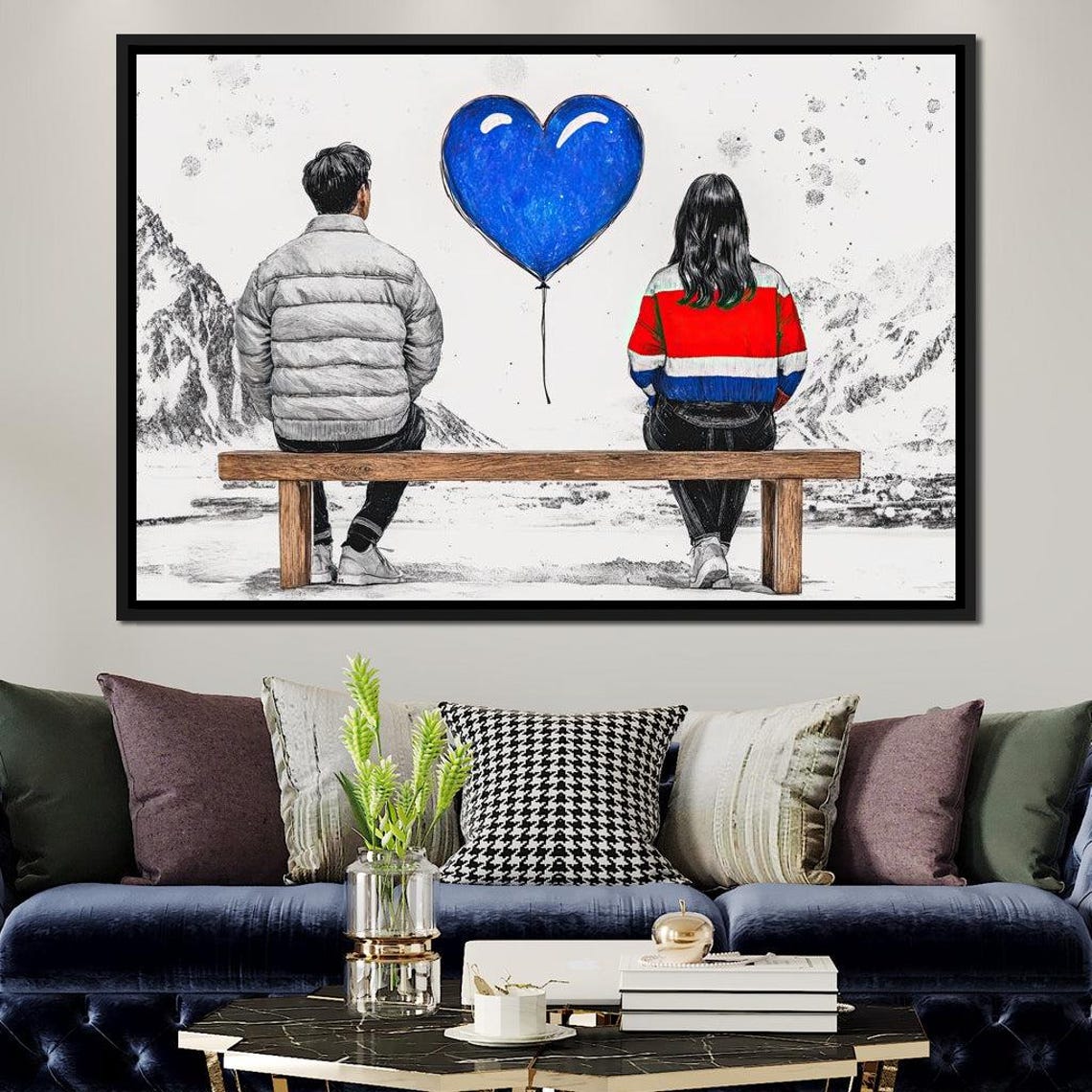 Romantic Couple Snowy Mountain Bench Blue Heart Balloon Wall Art - Image 3