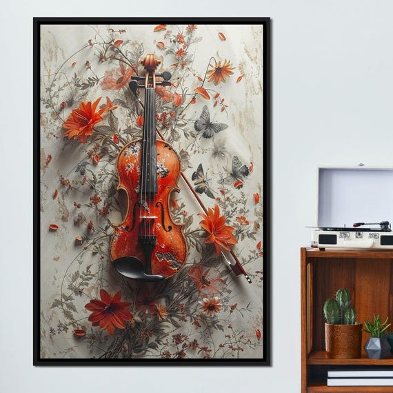 Violin Melody In Bloom Music Decor Butterfly Art Nature Theme Colorful Art Floral Wall Home Decor Elegant Print By Nichecanvas