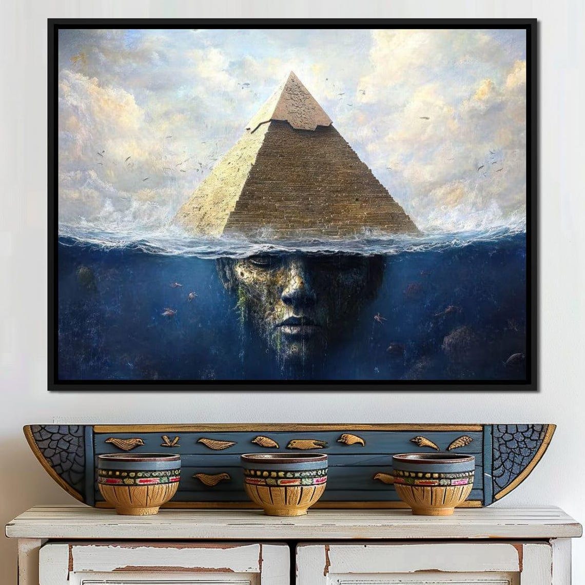 Great Pyramid Rising From The Ocean With Submerged Stone Face Wall Art