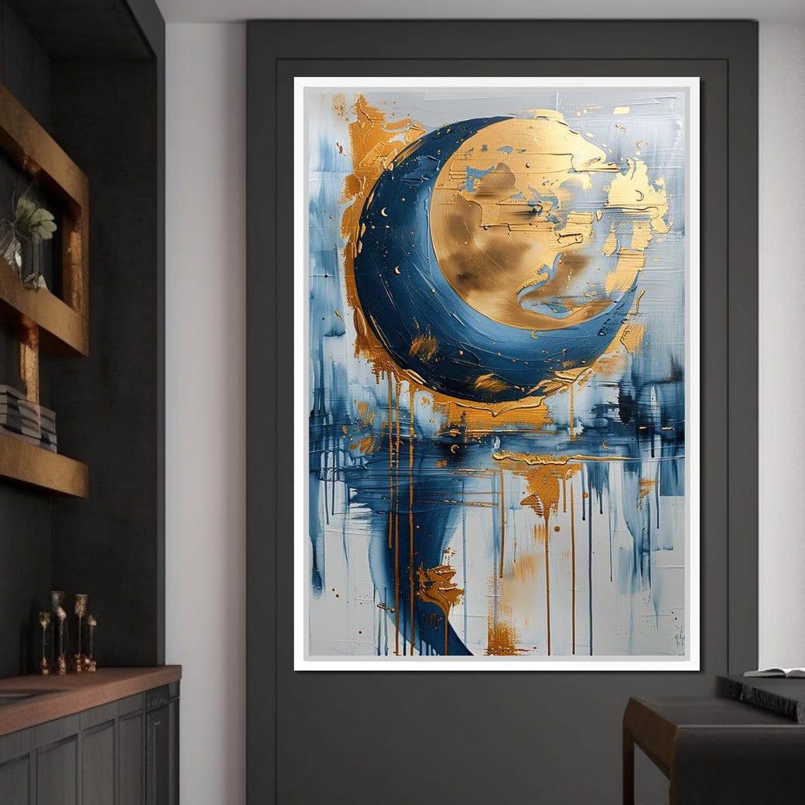 Abstract Gold Crescent Moon Blue Drips Elegant Modern Art Poster - Image 4