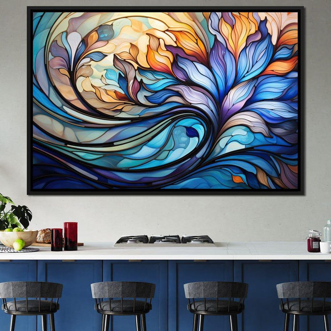 Stained Glass Style Abstract Floral Waves Blue Orange Bloom Poster - Image 3