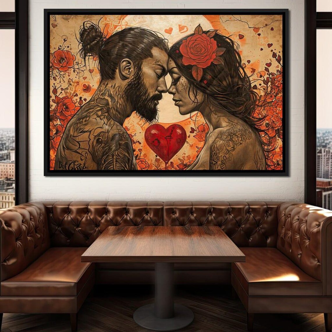 Tattooed Couple Romantic Embrace Red Heart Floral Love Art Print - Image 4