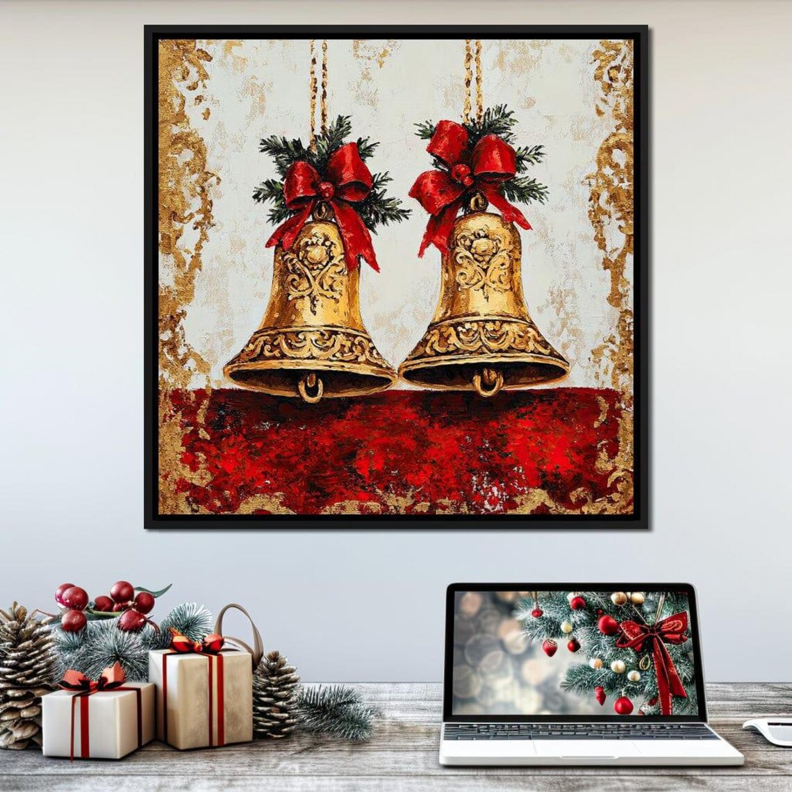 Ornate Golden Christmas Bells With Red Bows Red Gold Wall Art Poster - Image 2