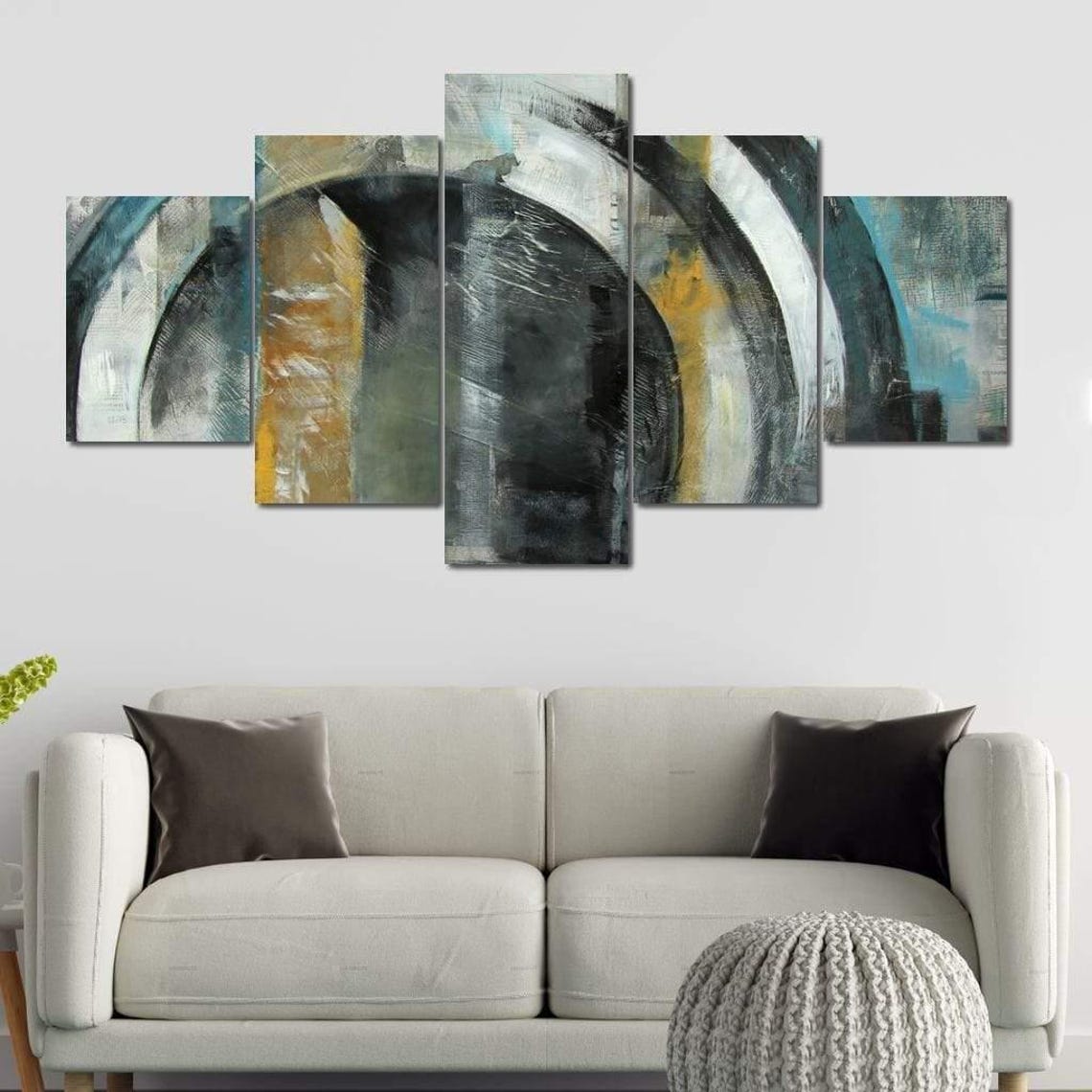 Grey White Ochre Concentric Circles Five Panel Abstract Wall Art - Image 4
