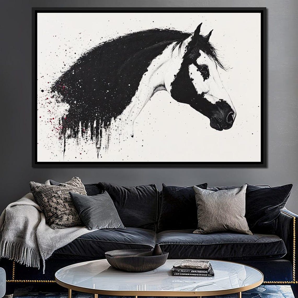 Black White Horse Splatter Profile Minimalist Framed Equine Wall Art