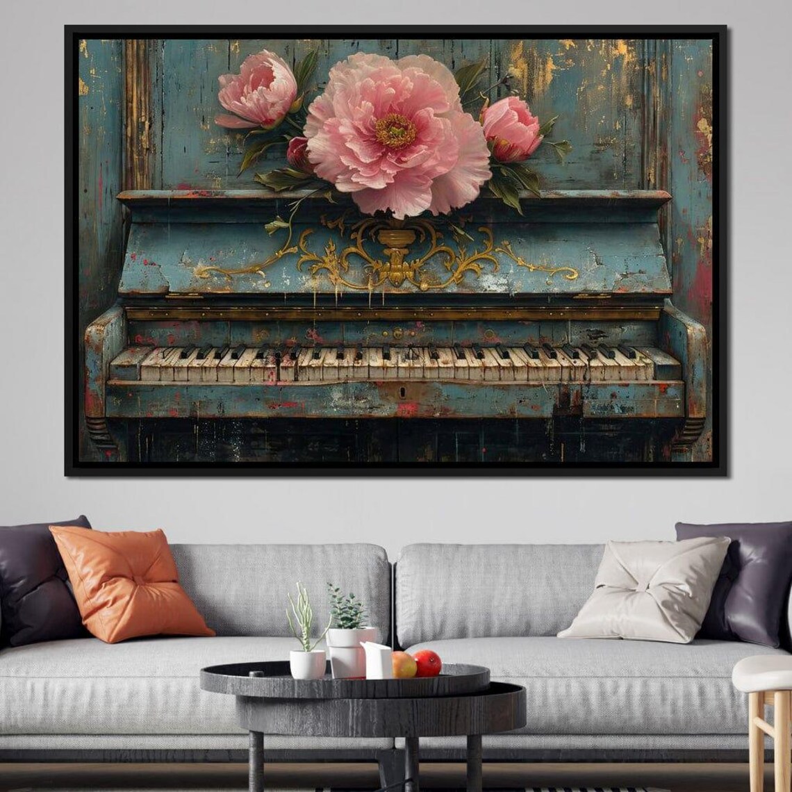 Vintage Blue Upright Piano Pink Peonies Rustic Music Room Decor Poster - Image 2