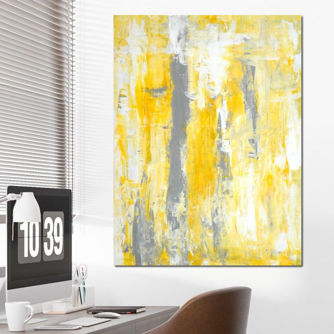 Yellow Grey White Brushstroke Modern Abstract Painting Wall Art - Image 3