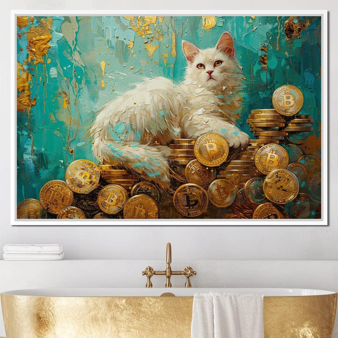 White Cat Bitcoin Gold Coins Crypto Whimsical Animal Art Poster