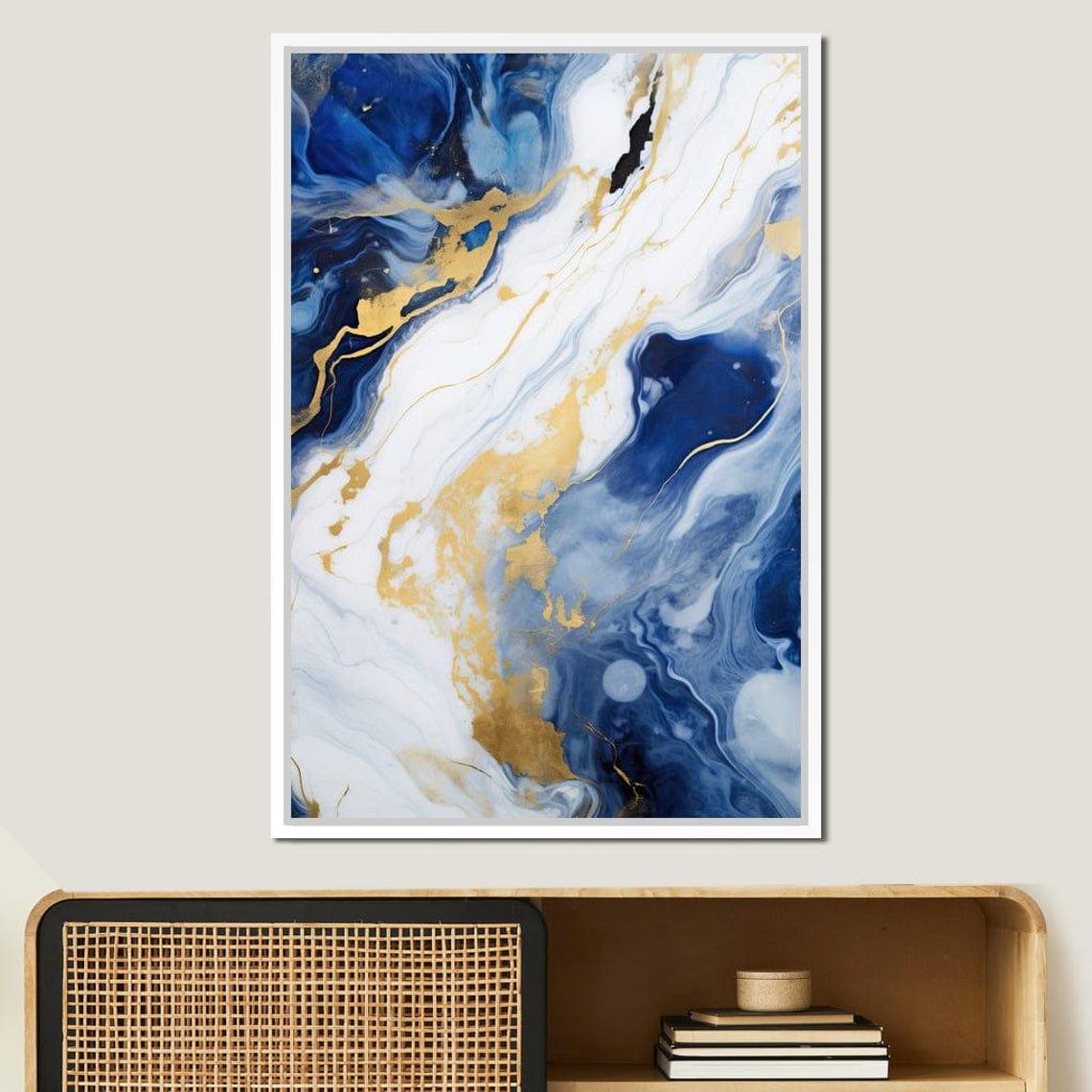Blue White Gold Fluid Marble Elegant Vertical Abstract Wall Art - Image 3