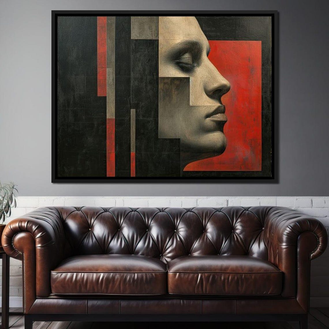 Fragmented Serenity Contrast Abstract Modern Portrait Red Black Geometric Art Minimalist Decor Visual Harmony By Nichecanvas - Image 2