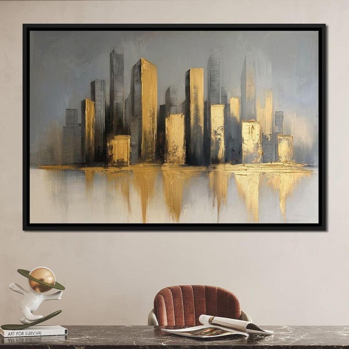 Golden Gray City Skyline Water Reflections Abstract Urban Decor Poster