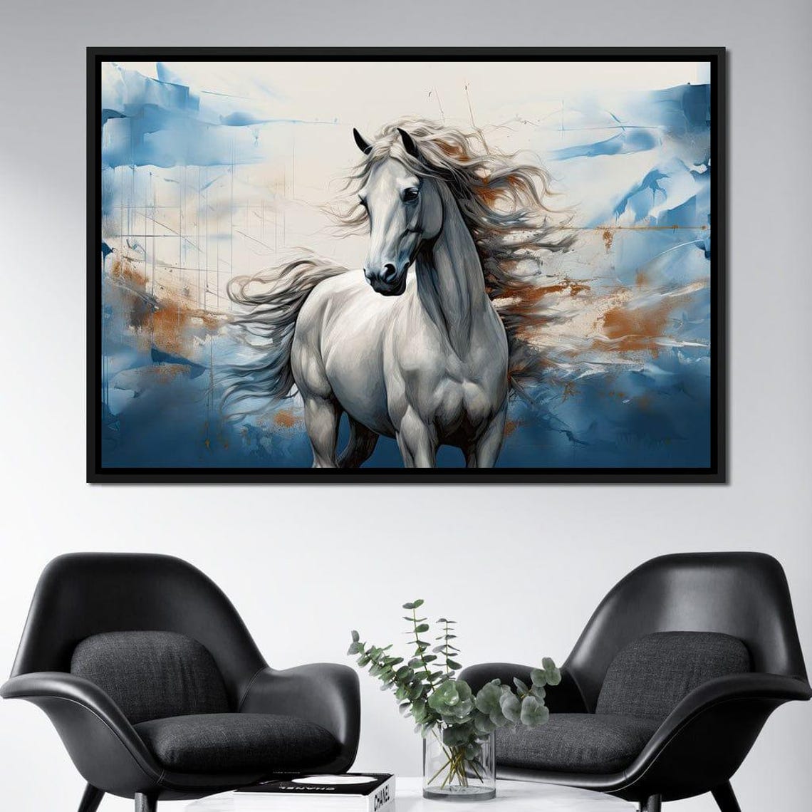 Majestic White Horse Flowing Mane Blue Abstract Equestrian Poster - Image 2