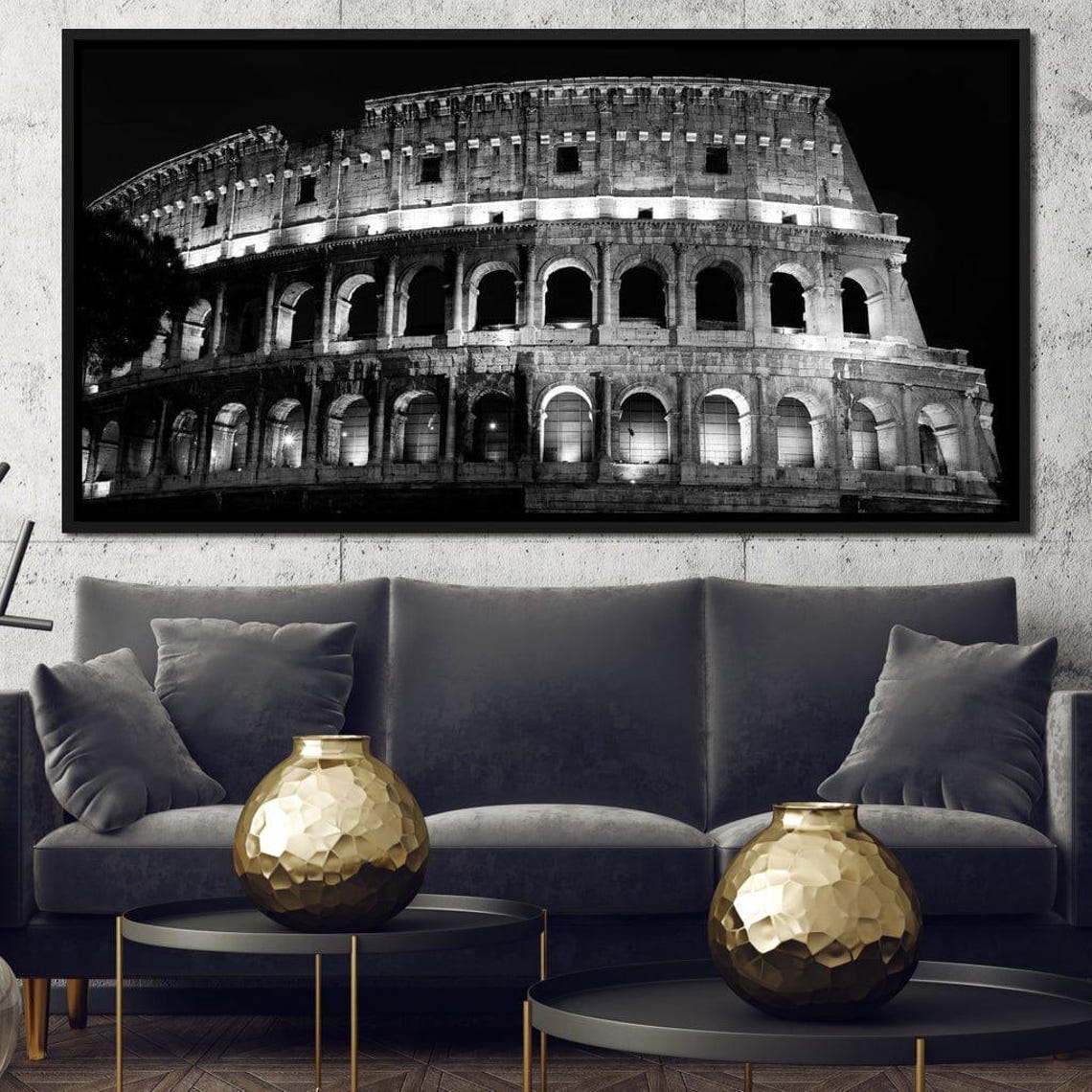 Colosseum Rome Night Black White Illuminated Ancient Landmark Wall Art