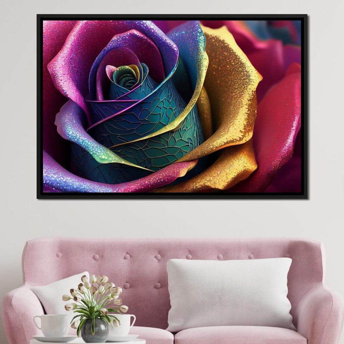 Rainbow Rose Close Up Glitter Petals Vibrant Floral Wall Art Poster - Image 2