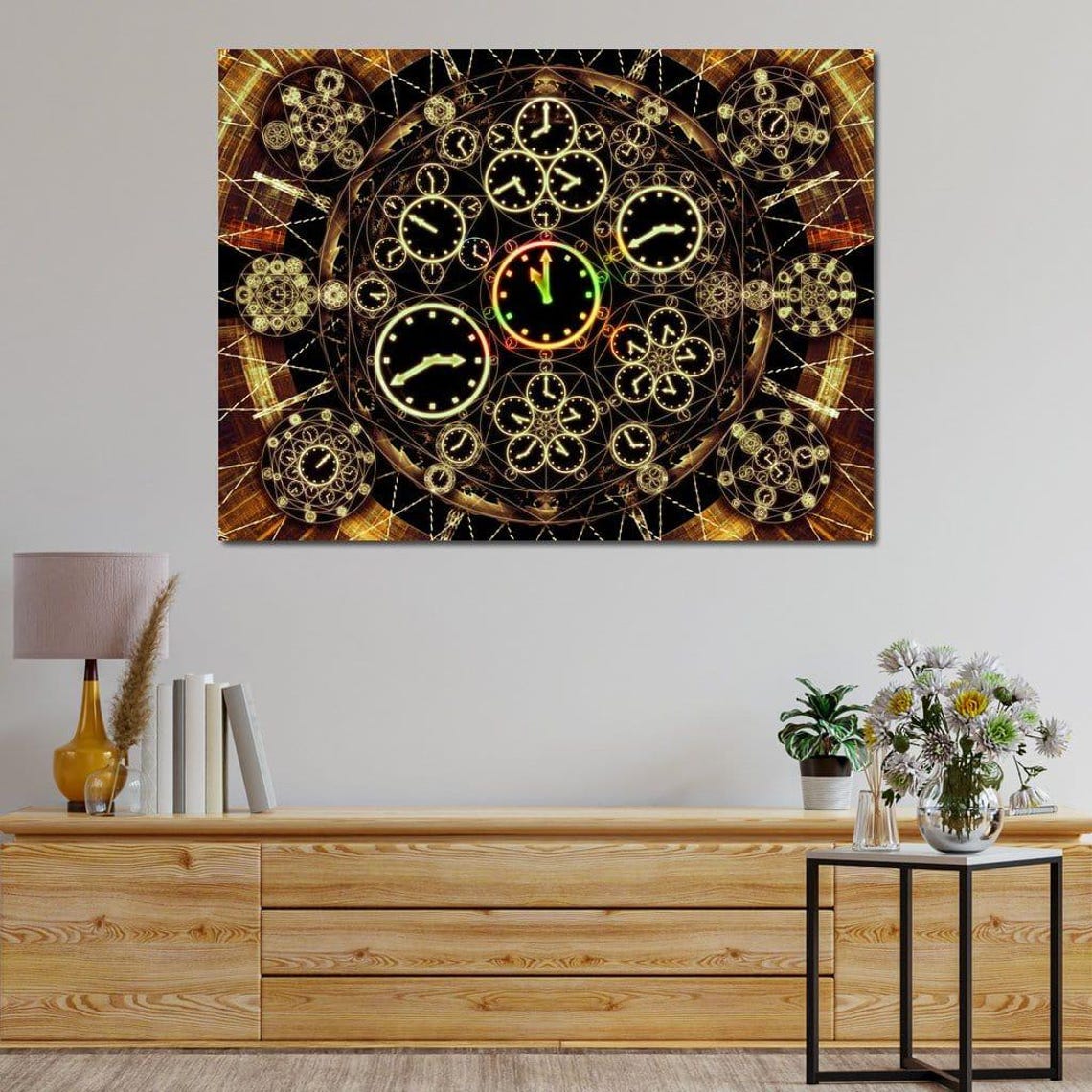 Golden Clocks Mandala Fractal Time Spiral Steampunk Wall Art - Image 4
