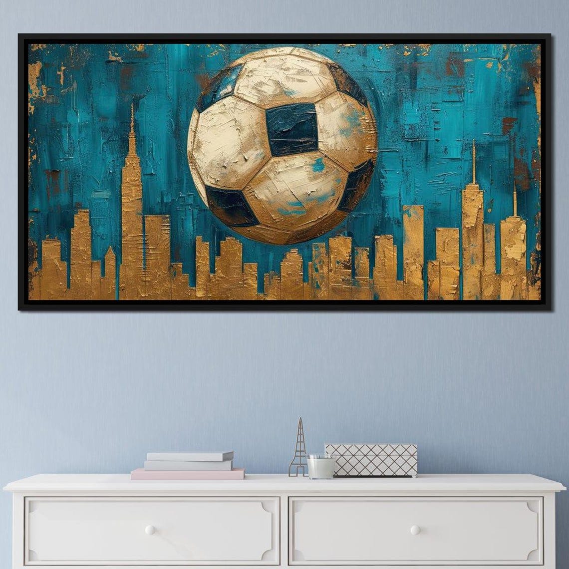Gold Soccer Ball Teal Skyline Five Panel Canvas Sports Print - Image 2
