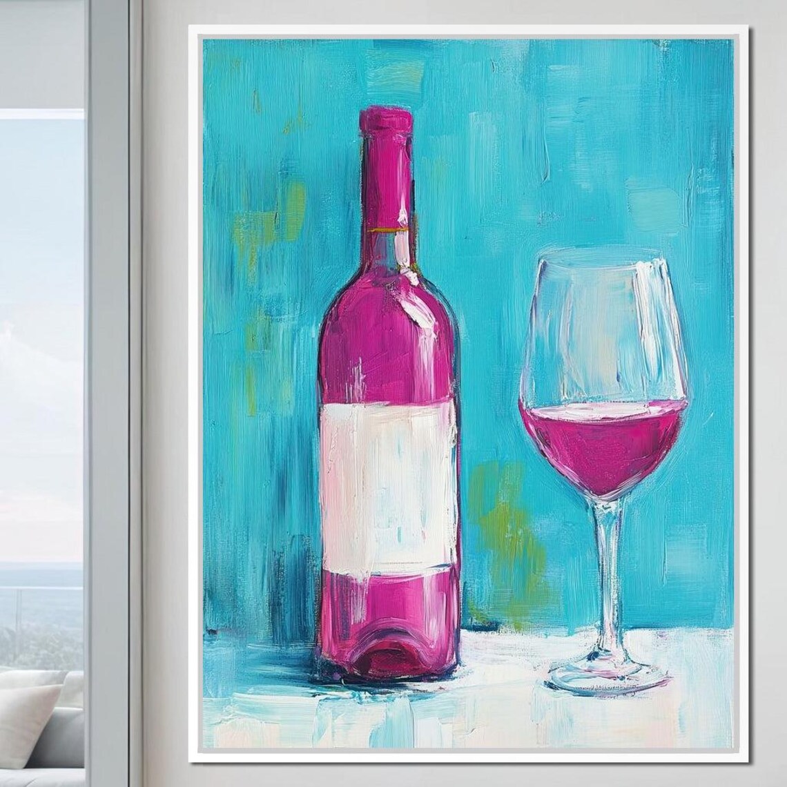 Magenta Wine Bottle and Glass Turquoise Bold Kitchen Bar Wall Art Print - Image 3