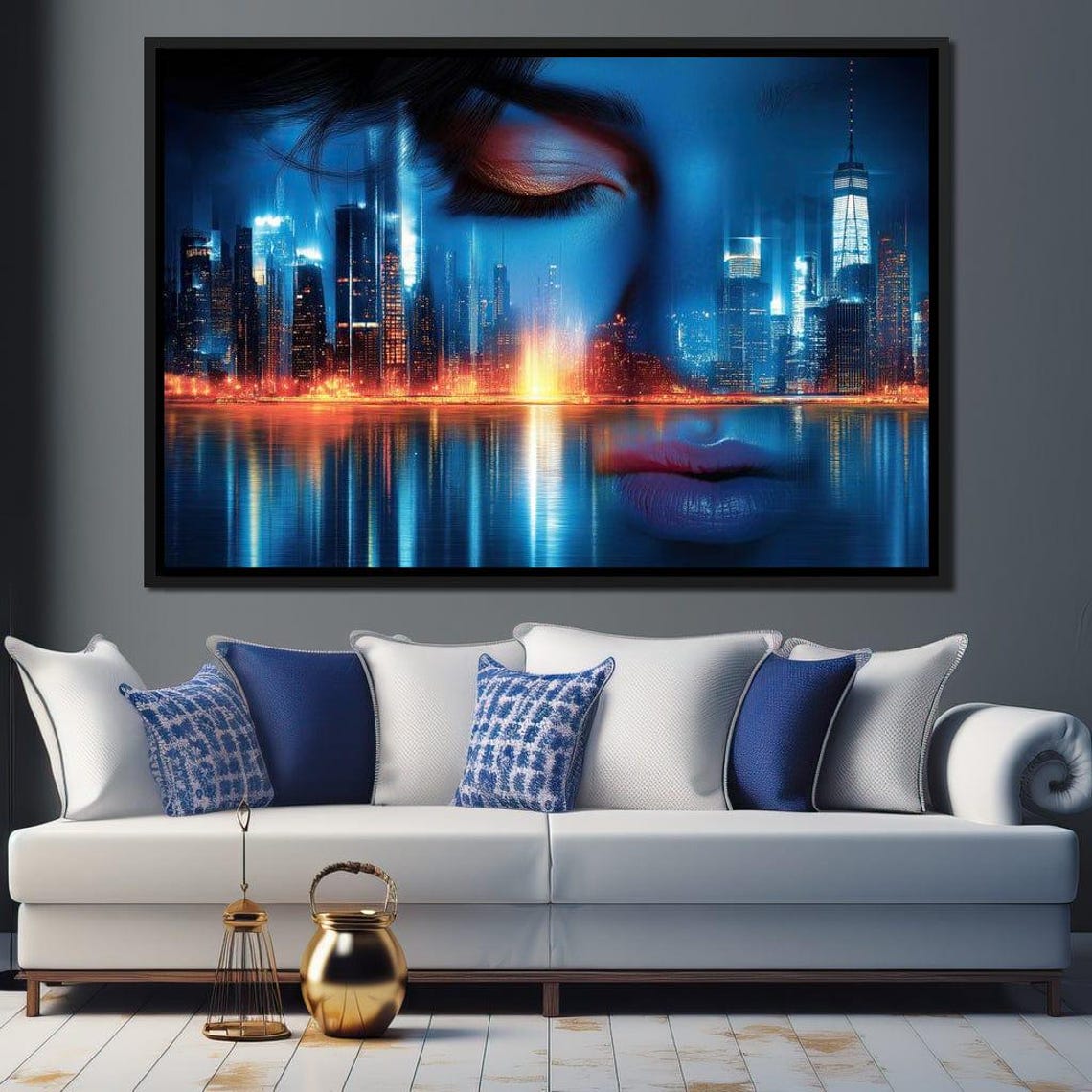 City Night Skyline Reflected In Blue Woman Face Dreamy Art Poster - Image 3