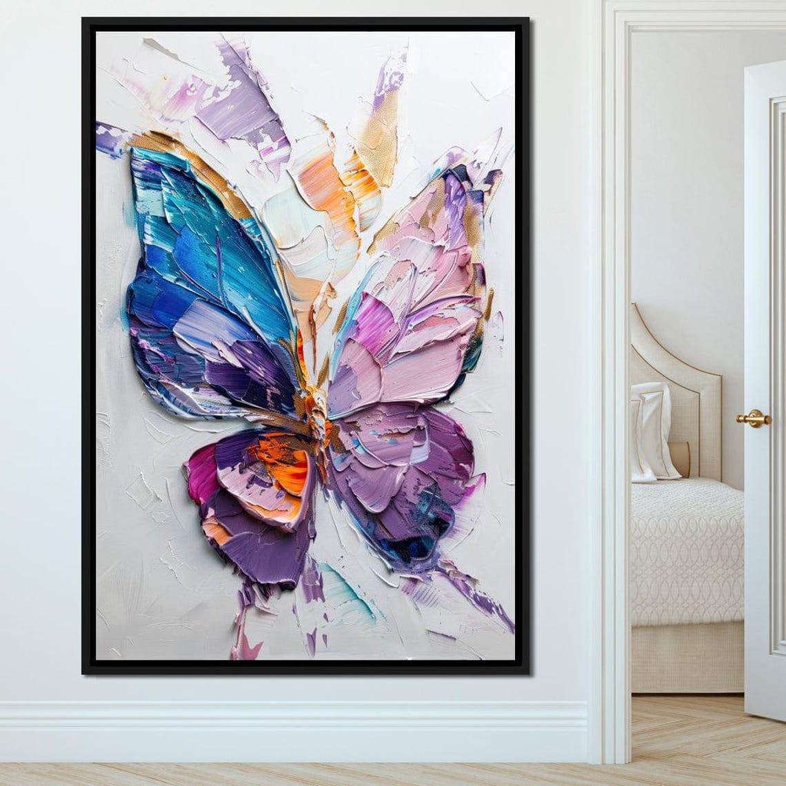 Iridescent Butterfly Blue Purple Pink Impasto Wings White Wall Art - Image 2