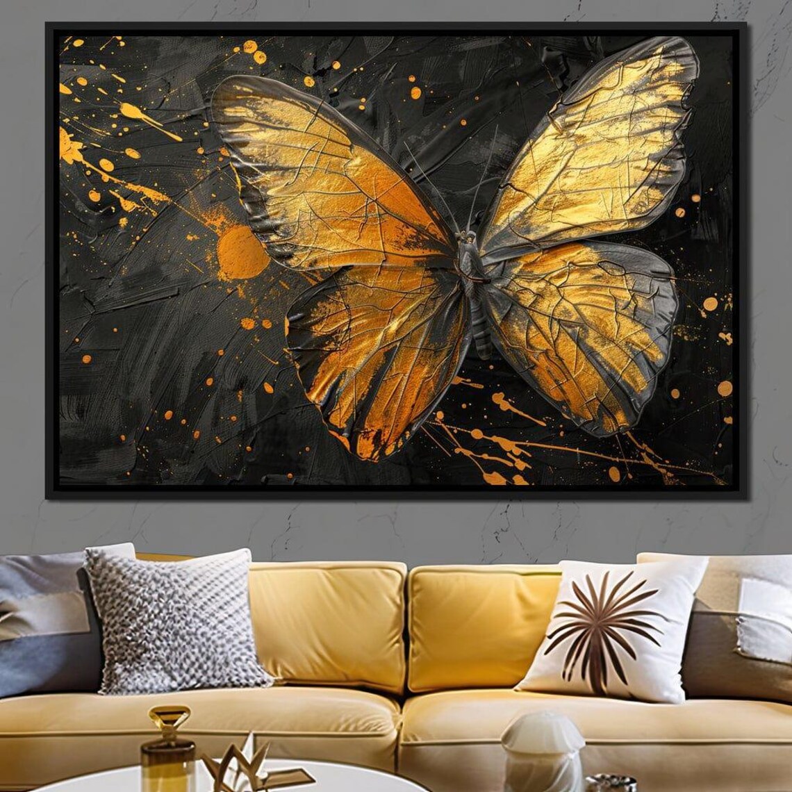 Golden Butterfly Black Background Gilded Wings Luxury Modern Wall Art - Image 4