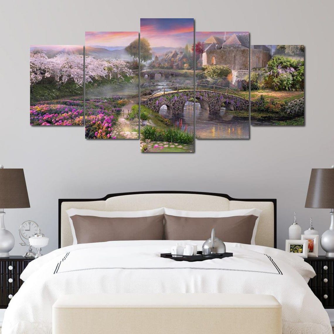 Spring Village Stone Bridge River Blossom Sunset Village Art Poster - Image 2
