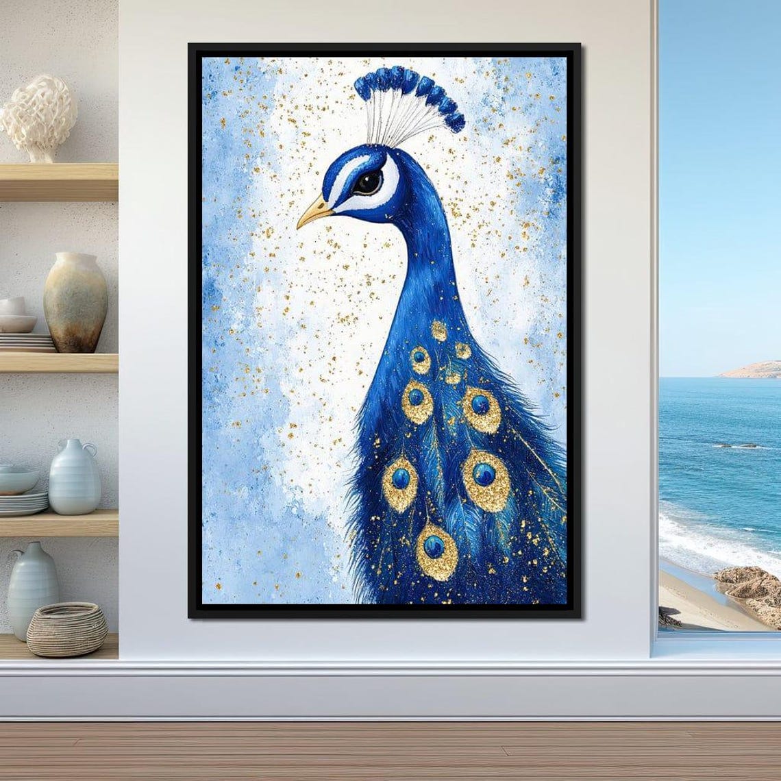 Sapphire Blue And Gold Peacock Elegant Bird Feather Art Poster