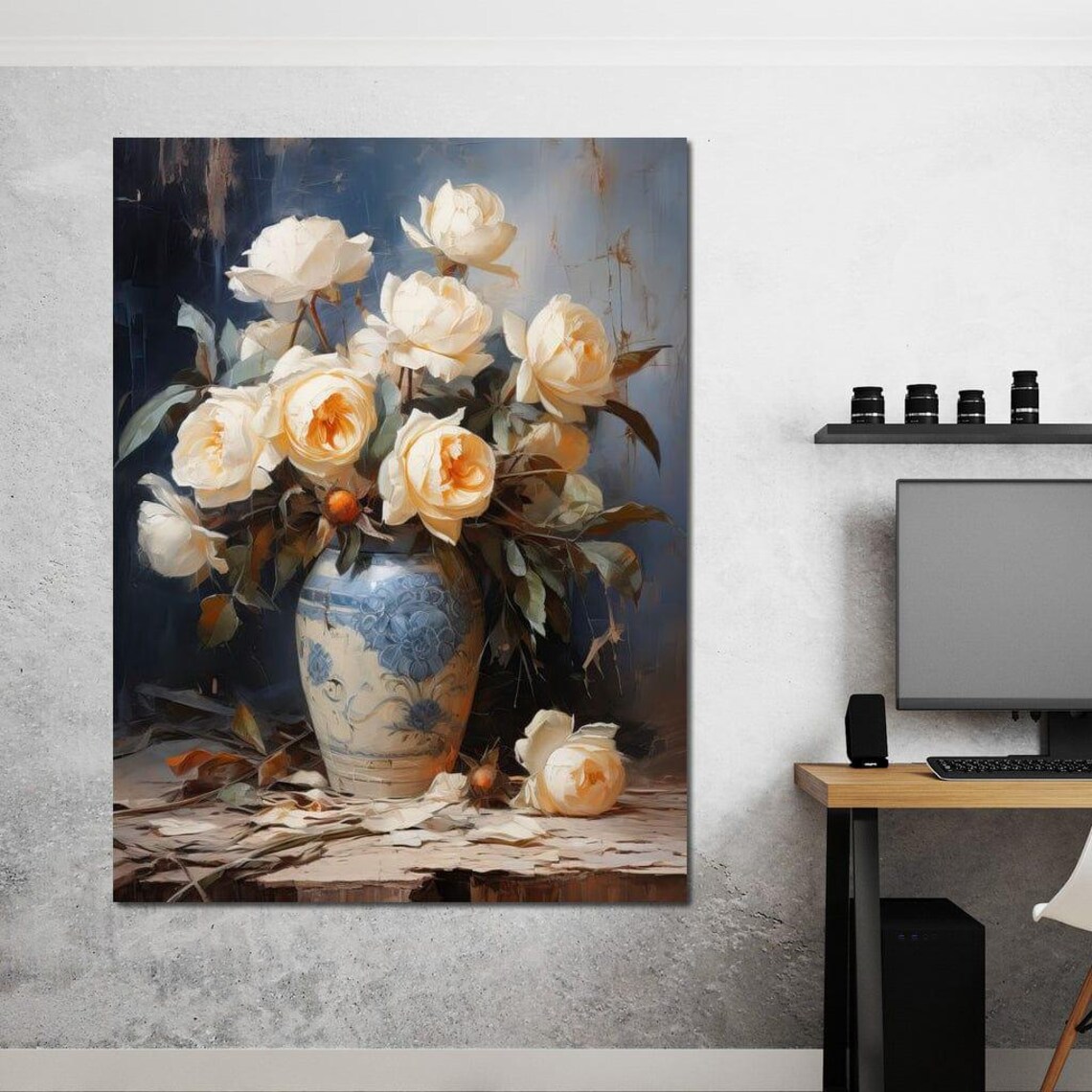 Cream White Roses Blue Vase Moody Classic Still Life Floral Poster - Image 3